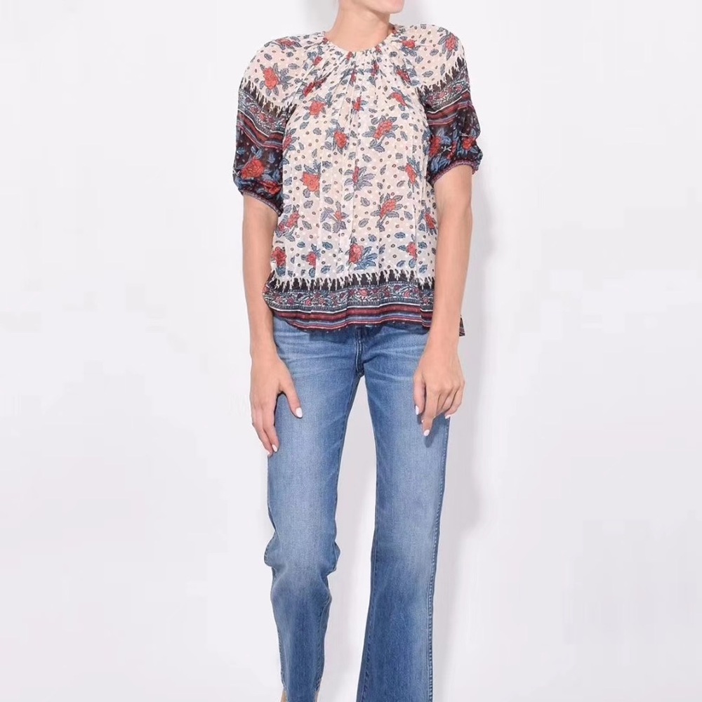 Ulla Johnson Floral Short Sleeve Top - Red and Blue